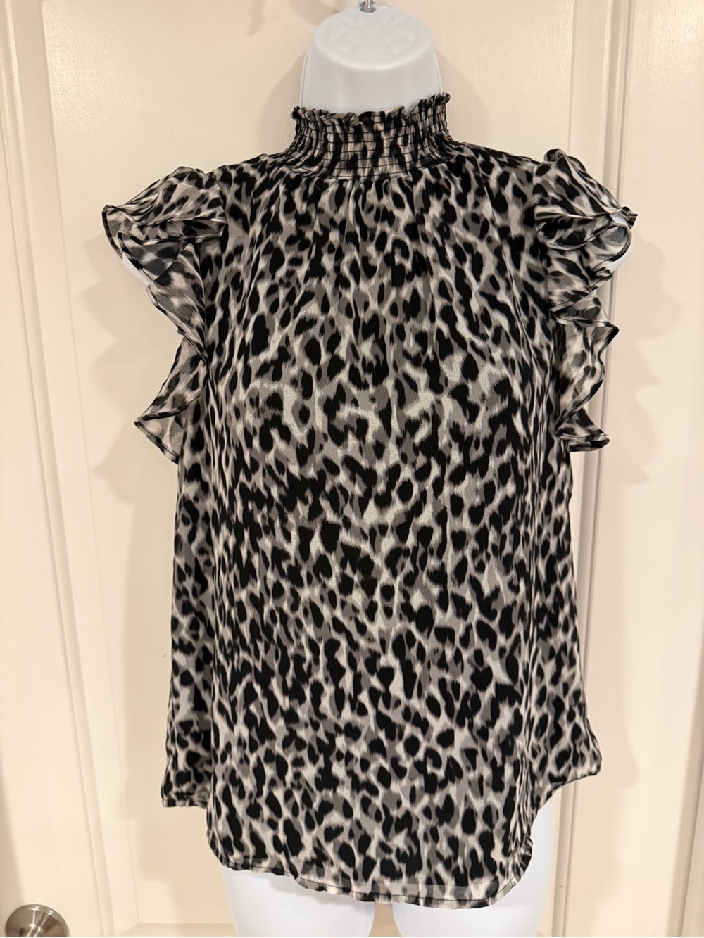 1. State Black and White Leopard Print Smocked Neck Ruffle Tank